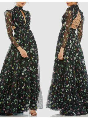 MAC DUGGAL 67942 BLACK FLORAL CHIFFON LONG SLEEVE LACE UP BACK GOWN sz 0